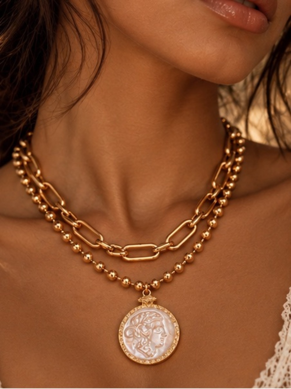 Gold Layered Chain Pearl Coin Medallion Statement Necklace